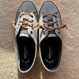 Sperry Gray Canvas Sneakers with Tan Laces